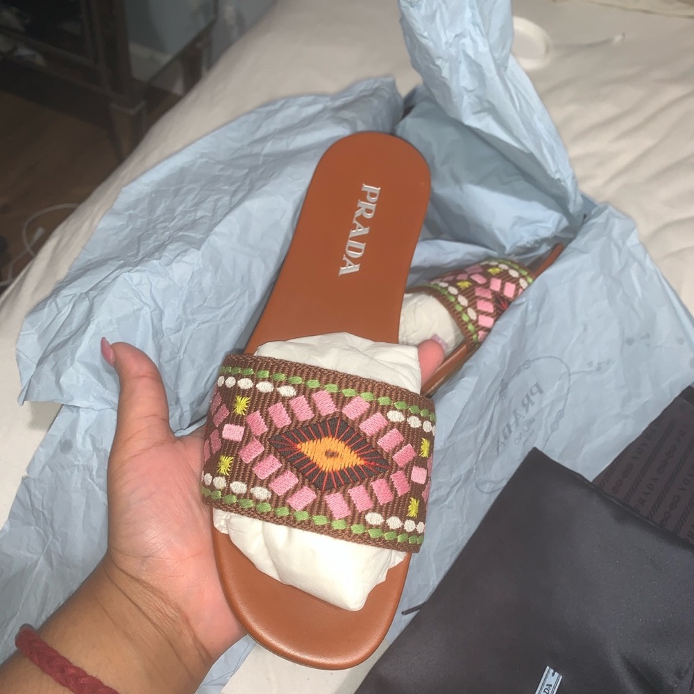 Prada Embroidered Flat Slide Sandals